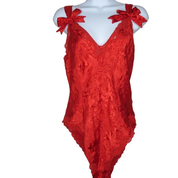Victorias Secret Gold Label Red Satin Brocade Teddy One Piece M Valentines Bows - Picture 2 of 13